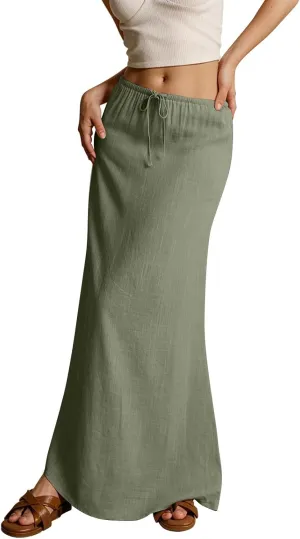 Womens Maxi Skirt Summer Vacation Bodycon Boho Linen Skirts Trendy Low Rise Wrap Comfy Beach Pencil Long Skirts