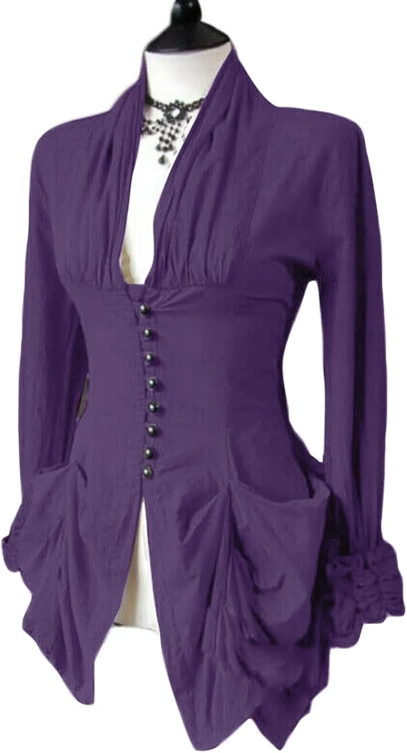 Womens Medieval Shirt Low Cut Retro Lace Trim Victorian Shirts Steampunk Gothic Irregular Hem Corset Outerwear Tops