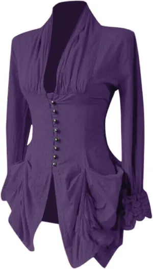 Womens Medieval Shirt Low Cut Retro Lace Trim Victorian Shirts Steampunk Gothic Irregular Hem Corset Outerwear Tops