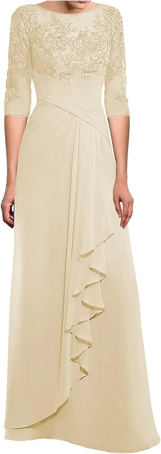 Women's Mother of The Bride Dresses for Wedding with Sleeves Long Chiffon Lace Formal Evening Gown