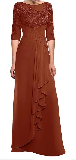 Women's Mother of The Bride Dresses for Wedding with Sleeves Long Chiffon Lace Formal Evening Gown
