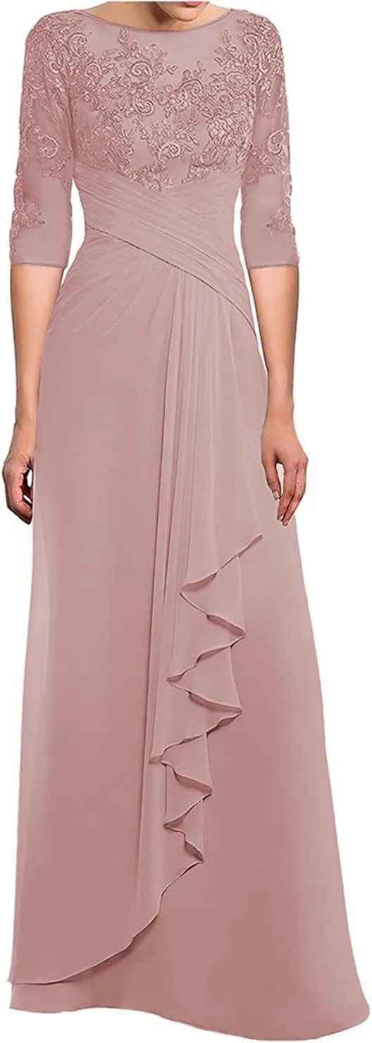 Women's Mother of The Bride Dresses for Wedding with Sleeves Long Chiffon Lace Formal Evening Gown