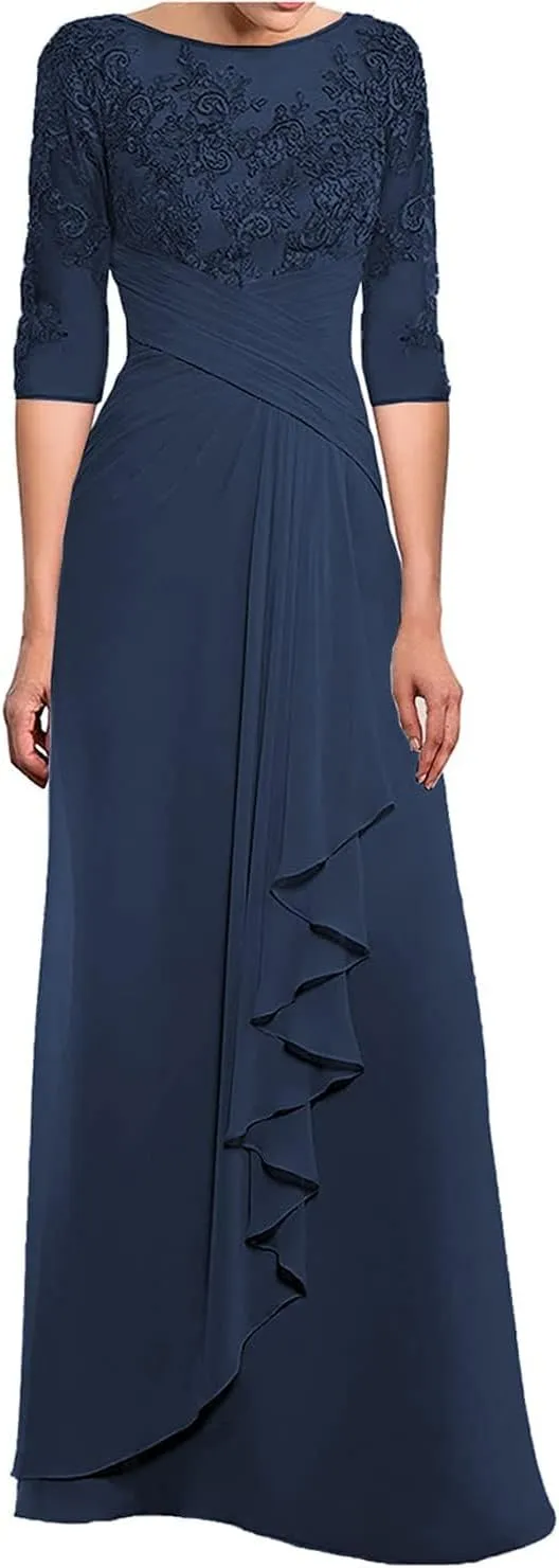Women's Mother of The Bride Dresses for Wedding with Sleeves Long Chiffon Lace Formal Evening Gown