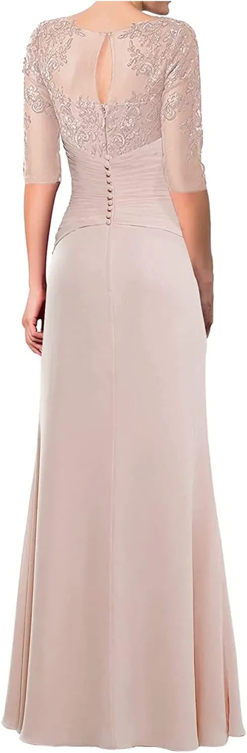 Women's Mother of The Bride Dresses for Wedding with Sleeves Long Chiffon Lace Formal Evening Gown
