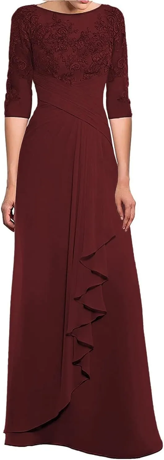 Women's Mother of The Bride Dresses for Wedding with Sleeves Long Chiffon Lace Formal Evening Gown