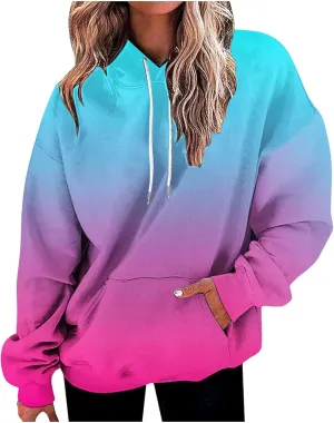Women's Oversized Hoodies Plus Size Gradient Color Fall Tops Drawstring Trendy Pullover Tees Loose Preppy Clothes