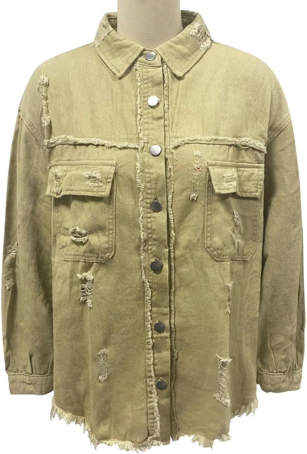 Womens Oversized Ripped Fringe Denim Jacket Casual Long Sleeve Boyfriend Jean Jacket Coat