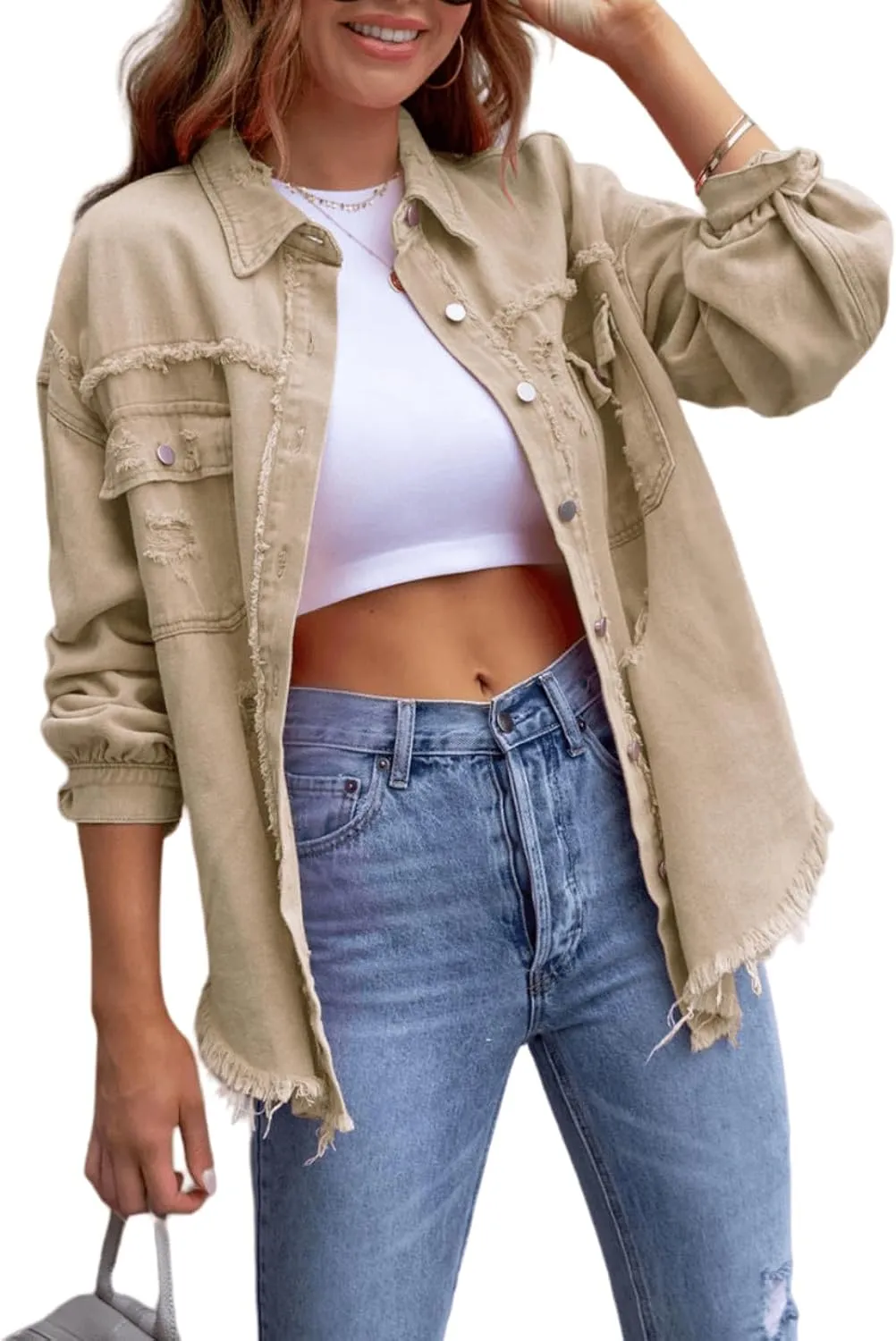 Womens Oversized Ripped Fringe Denim Jacket Casual Long Sleeve Boyfriend Jean Jacket Coat