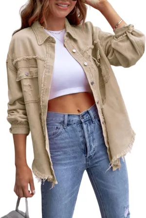 Womens Oversized Ripped Fringe Denim Jacket Casual Long Sleeve Boyfriend Jean Jacket Coat