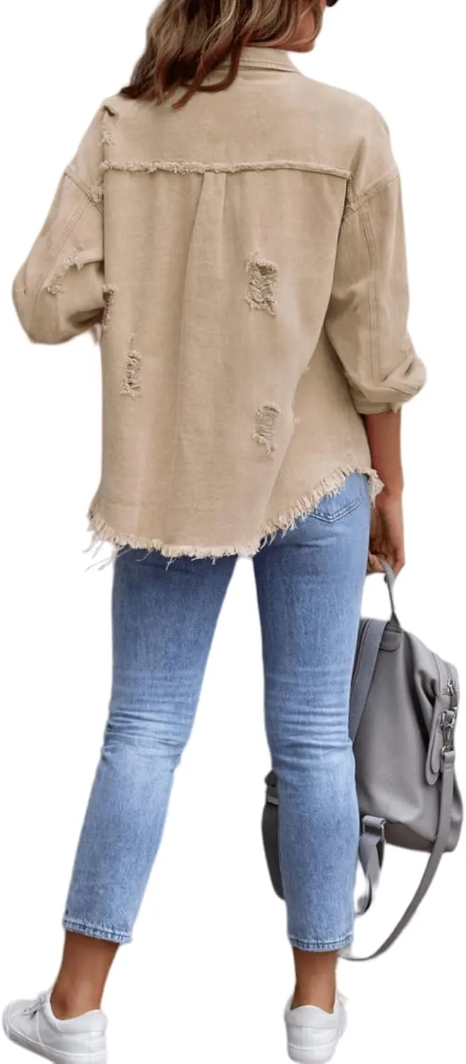 Womens Oversized Ripped Fringe Denim Jacket Casual Long Sleeve Boyfriend Jean Jacket Coat