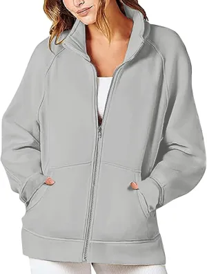Womens Oversized Sweatshirts No Hood Long Sleeve Zipper Fleece Sweatshirt Jackets Pullovers Comfort Trendy Clothes