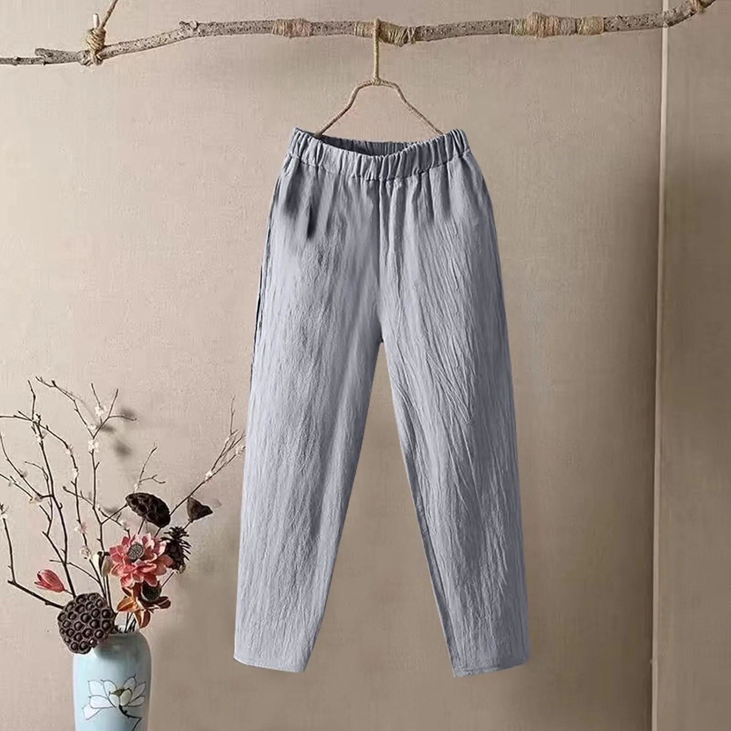 Womens Pants, Peasant Pants Linen Straight Leg Trendy Casual Loose Cotton Wide