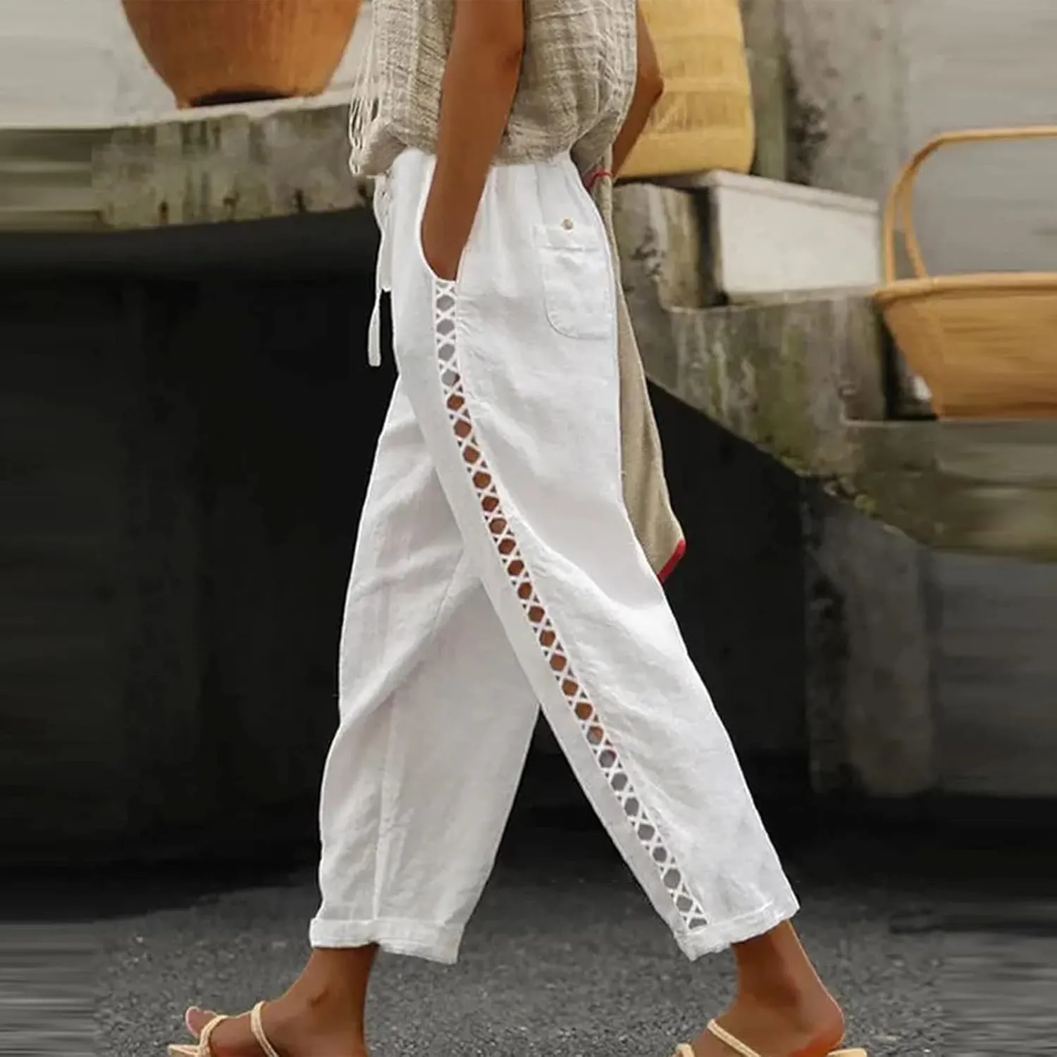 Women's Pants, Peasant Pants Straight Leg Linen Casual Lounge Cotton Loose Women