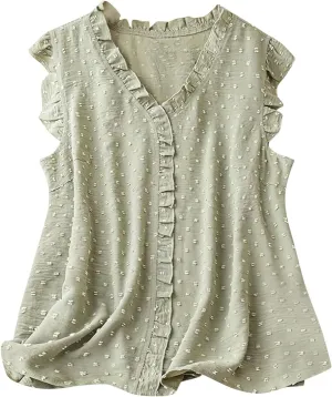 Women's Petal Sleeveless Solid Tank Ruffle Trim Loose Fit Camisole V Neck Top Pompom Embellished Shirt