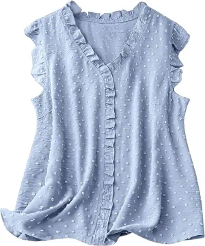Women's Petal Sleeveless Solid Tank Ruffle Trim Loose Fit Camisole V Neck Top Pompom Embellished Shirt