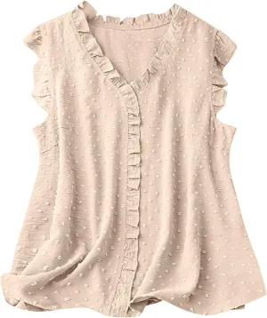 Women's Petal Sleeveless Solid Tank Ruffle Trim Loose Fit Camisole V Neck Top Pompom Embellished Shirt