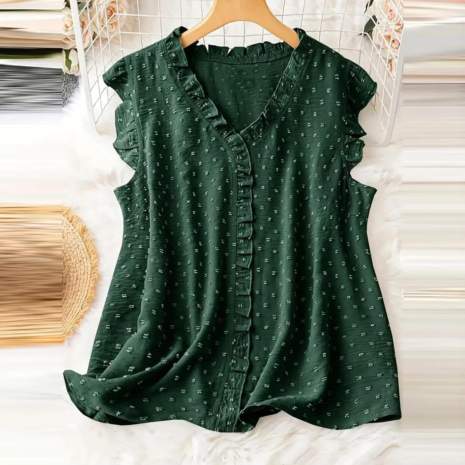 Women's Petal Sleeveless Solid Tank Ruffle Trim Loose Fit Camisole V Neck Top Pompom Embellished Shirt