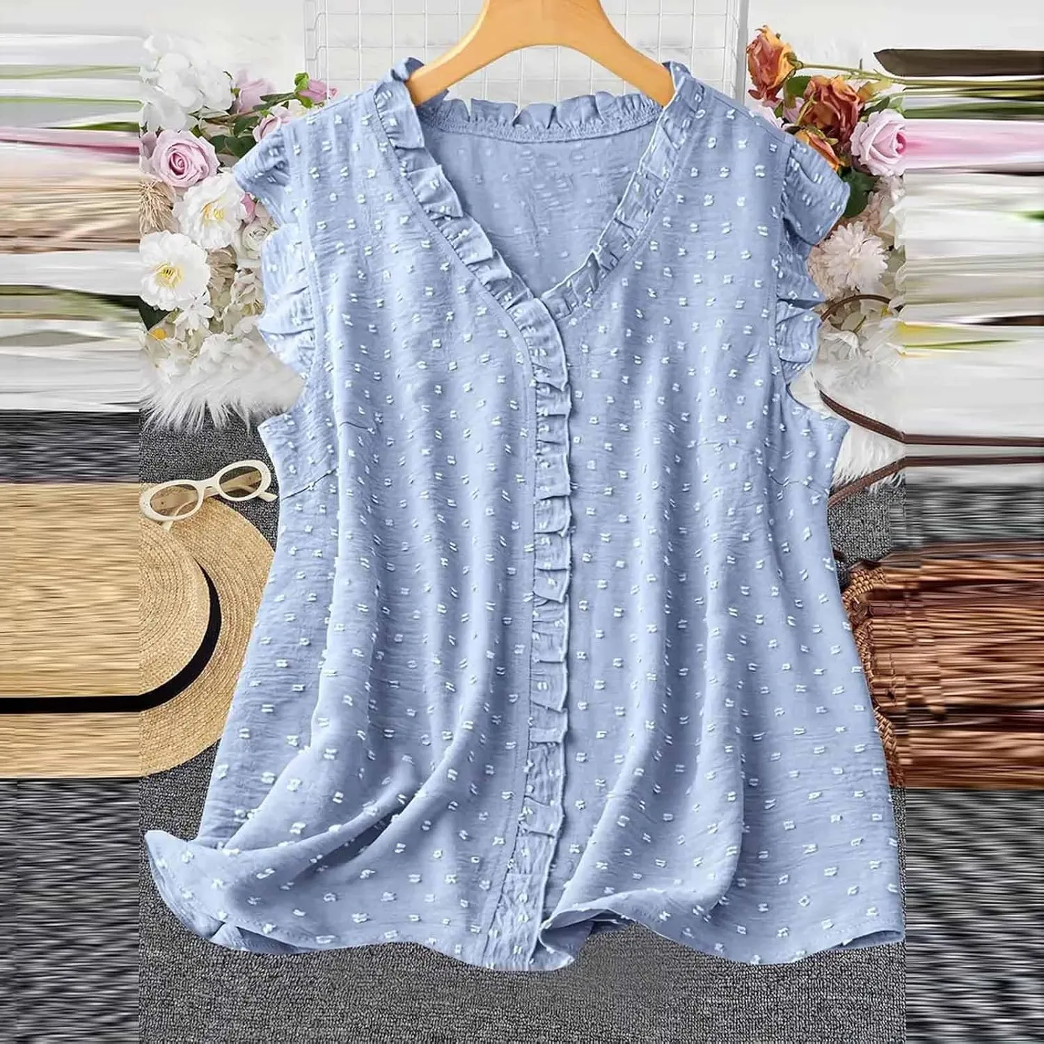 Women's Petal Sleeveless Solid Tank Ruffle Trim Loose Fit Camisole V Neck Top Pompom Embellished Shirt