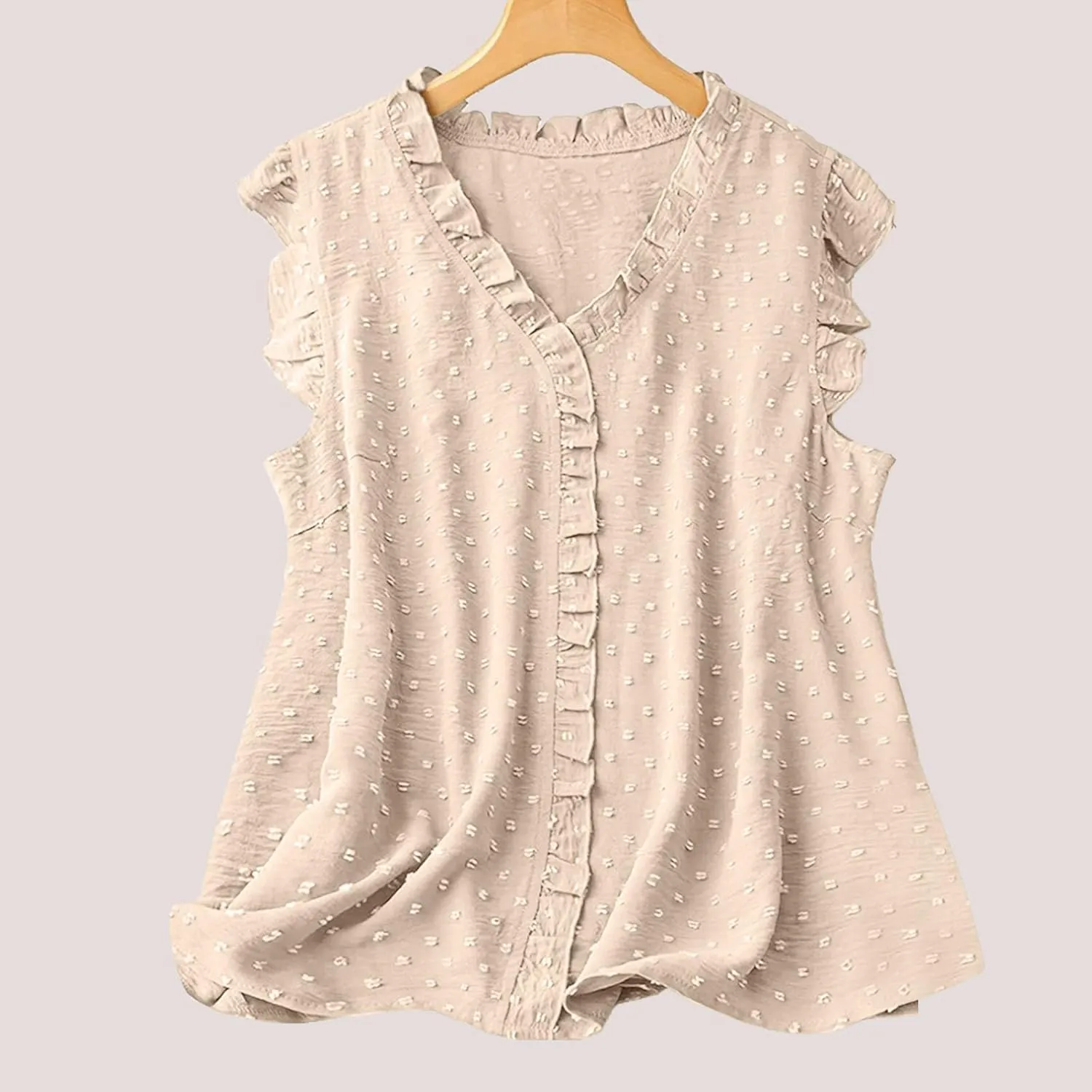 Women's Petal Sleeveless Solid Tank Ruffle Trim Loose Fit Camisole V Neck Top Pompom Embellished Shirt