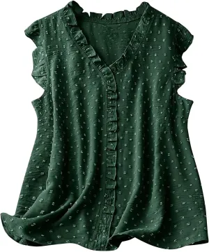 Women's Petal Sleeveless Solid Tank Ruffle Trim Loose Fit Camisole V Neck Top Pompom Embellished Shirt