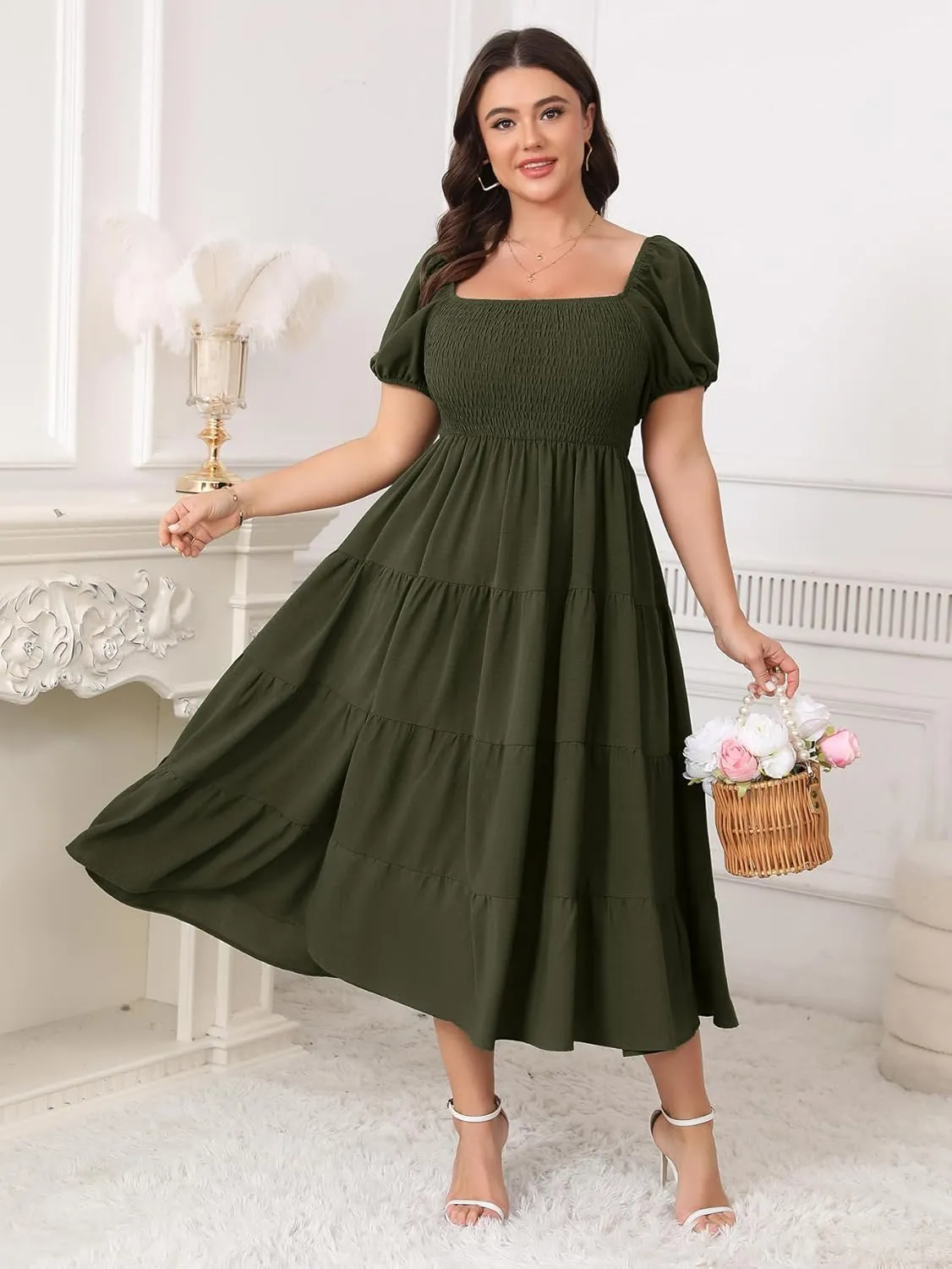 Womens Plus Size Casual Dress Short Puff Sleeve Square Neck Smocked Tiered Summer A Line Flowy Long Maxi Dresses