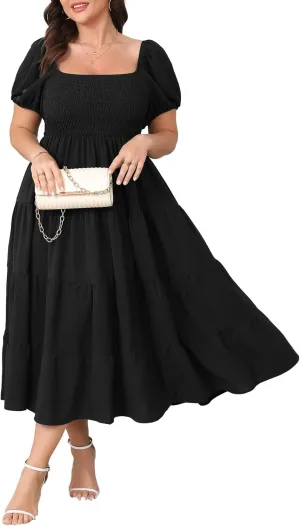 Womens Plus Size Casual Dress Short Puff Sleeve Square Neck Smocked Tiered Summer A Line Flowy Long Maxi Dresses
