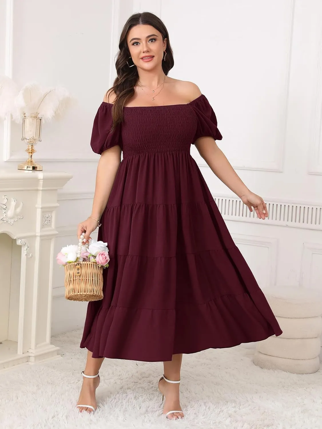 Womens Plus Size Casual Dress Short Puff Sleeve Square Neck Smocked Tiered Summer A Line Flowy Long Maxi Dresses
