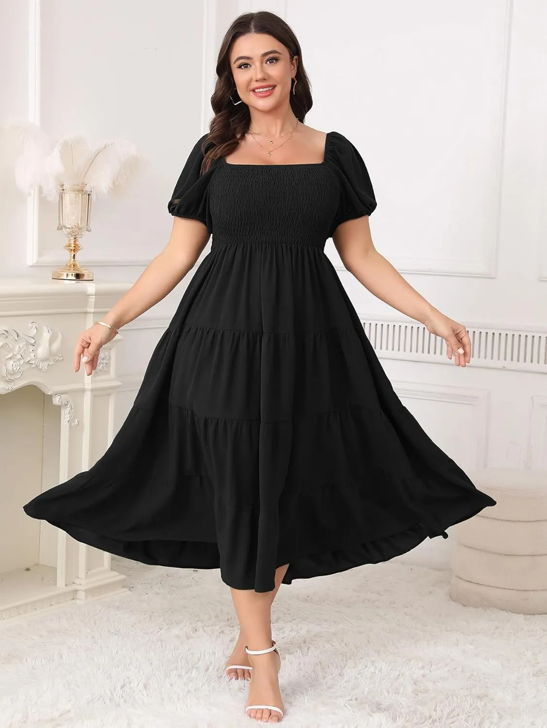 Womens Plus Size Casual Dress Short Puff Sleeve Square Neck Smocked Tiered Summer A Line Flowy Long Maxi Dresses