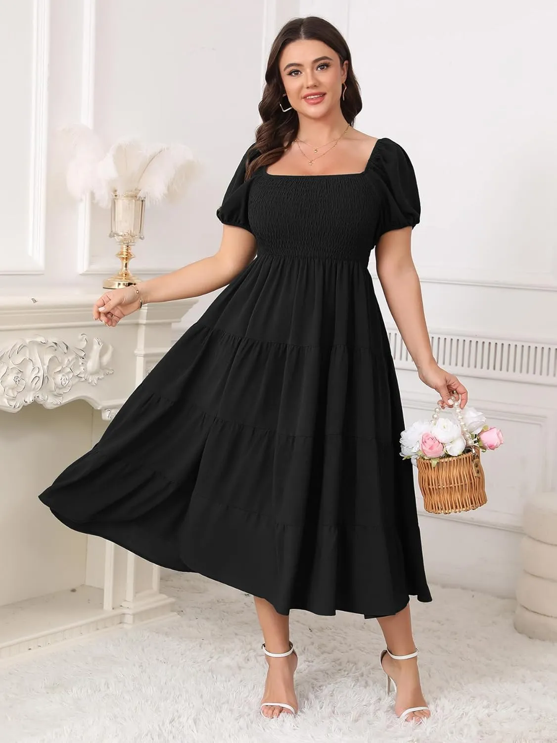 Womens Plus Size Casual Dress Short Puff Sleeve Square Neck Smocked Tiered Summer A Line Flowy Long Maxi Dresses