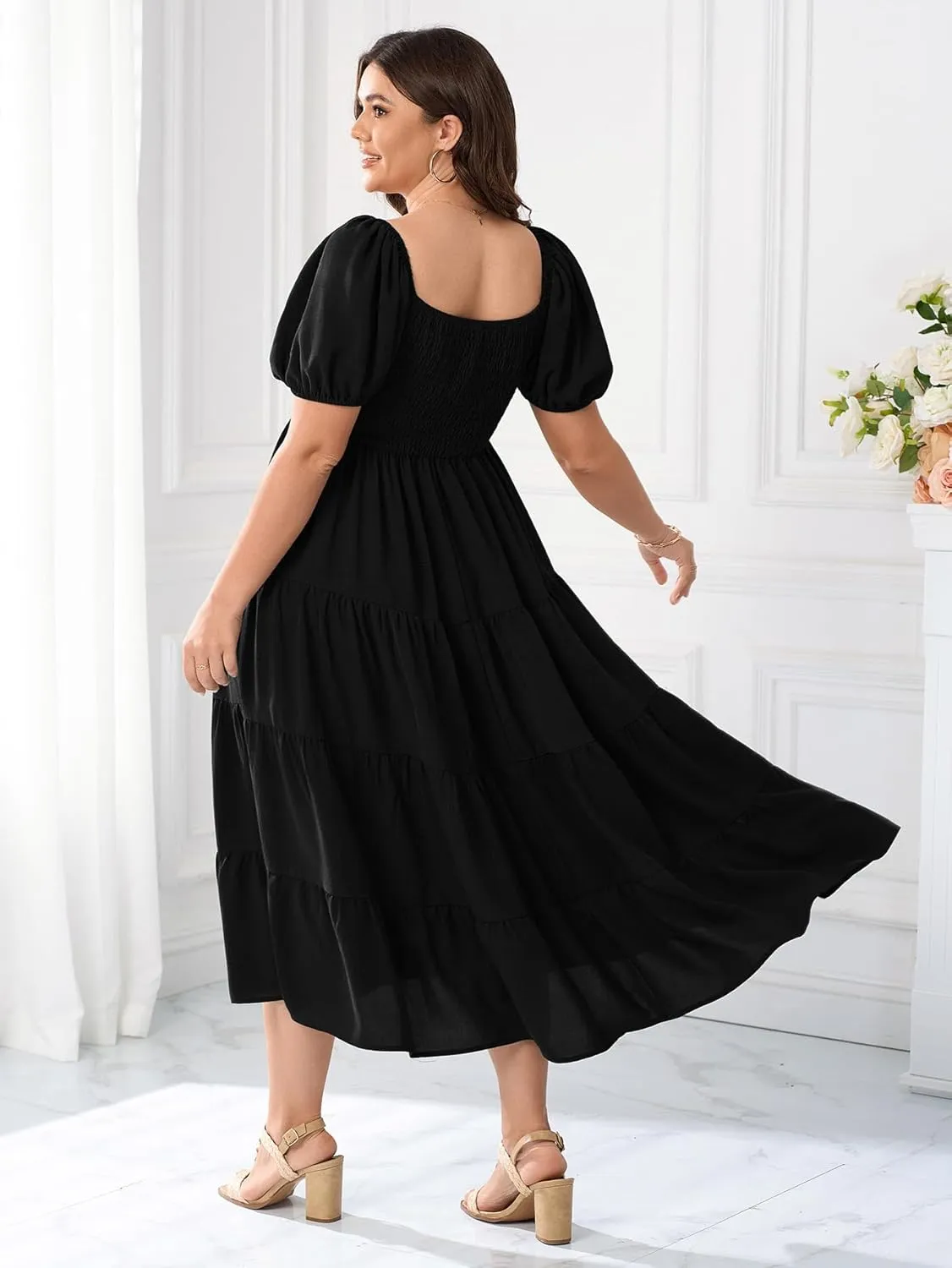 Womens Plus Size Casual Dress Short Puff Sleeve Square Neck Smocked Tiered Summer A Line Flowy Long Maxi Dresses