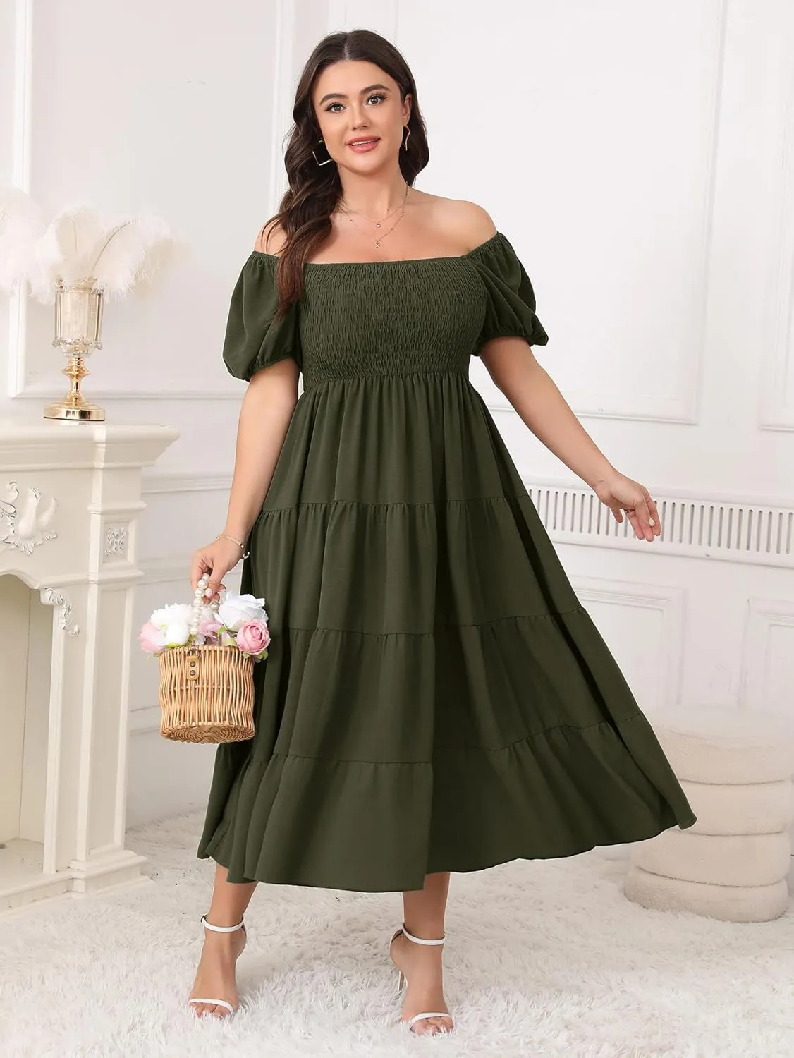 Womens Plus Size Casual Dress Short Puff Sleeve Square Neck Smocked Tiered Summer A Line Flowy Long Maxi Dresses