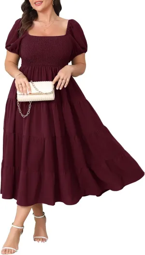Womens Plus Size Casual Dress Short Puff Sleeve Square Neck Smocked Tiered Summer A Line Flowy Long Maxi Dresses