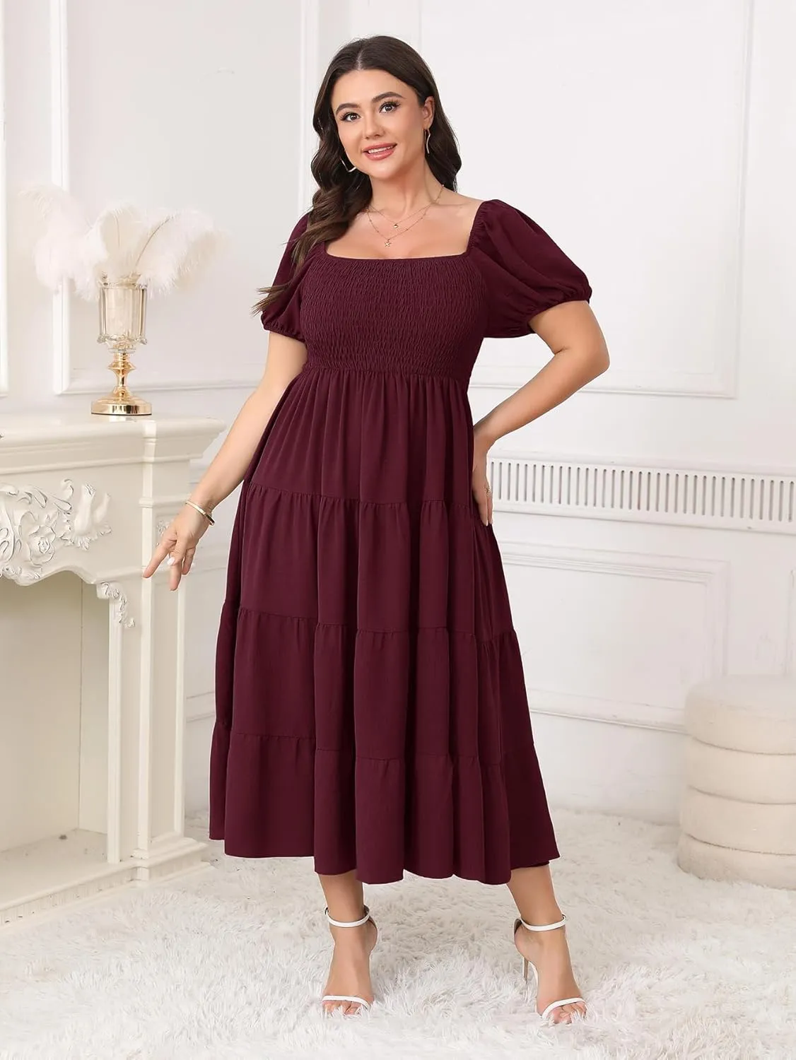 Womens Plus Size Casual Dress Short Puff Sleeve Square Neck Smocked Tiered Summer A Line Flowy Long Maxi Dresses