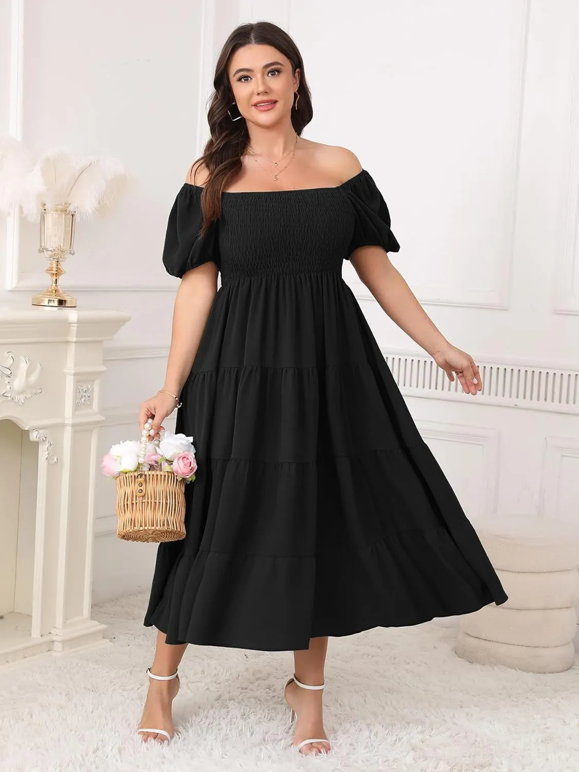 Womens Plus Size Casual Dress Short Puff Sleeve Square Neck Smocked Tiered Summer A Line Flowy Long Maxi Dresses