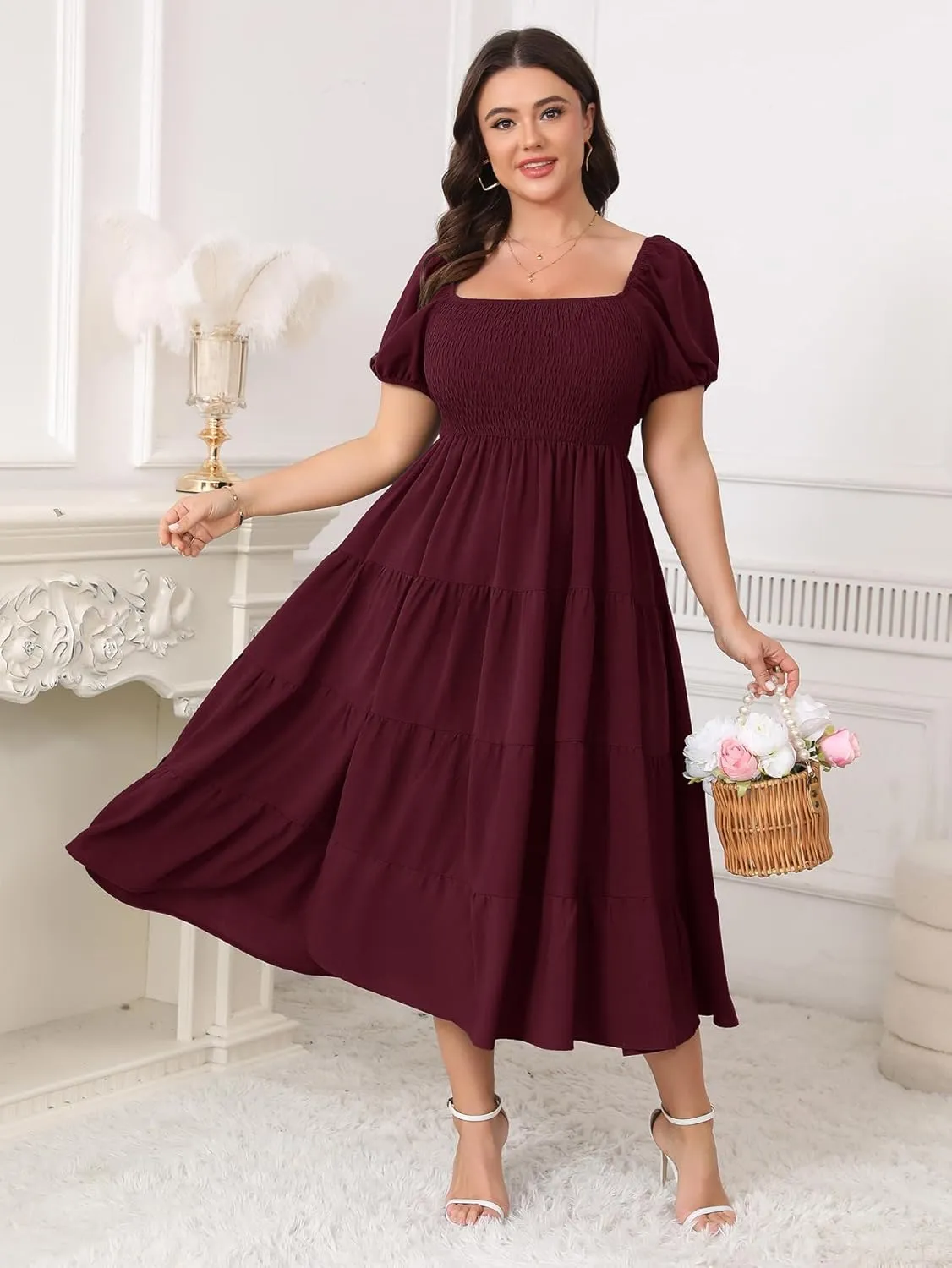 Womens Plus Size Casual Dress Short Puff Sleeve Square Neck Smocked Tiered Summer A Line Flowy Long Maxi Dresses