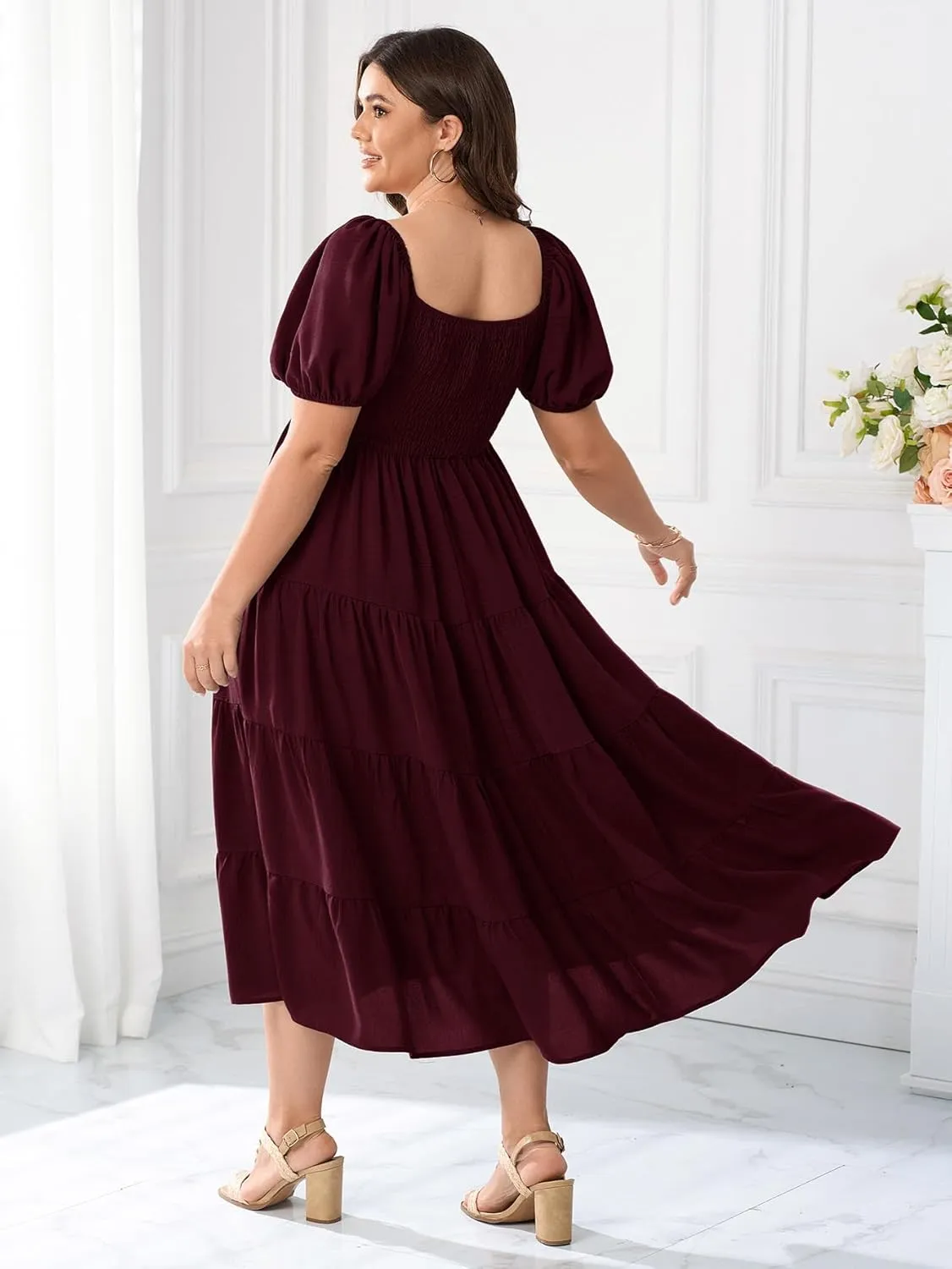 Womens Plus Size Casual Dress Short Puff Sleeve Square Neck Smocked Tiered Summer A Line Flowy Long Maxi Dresses