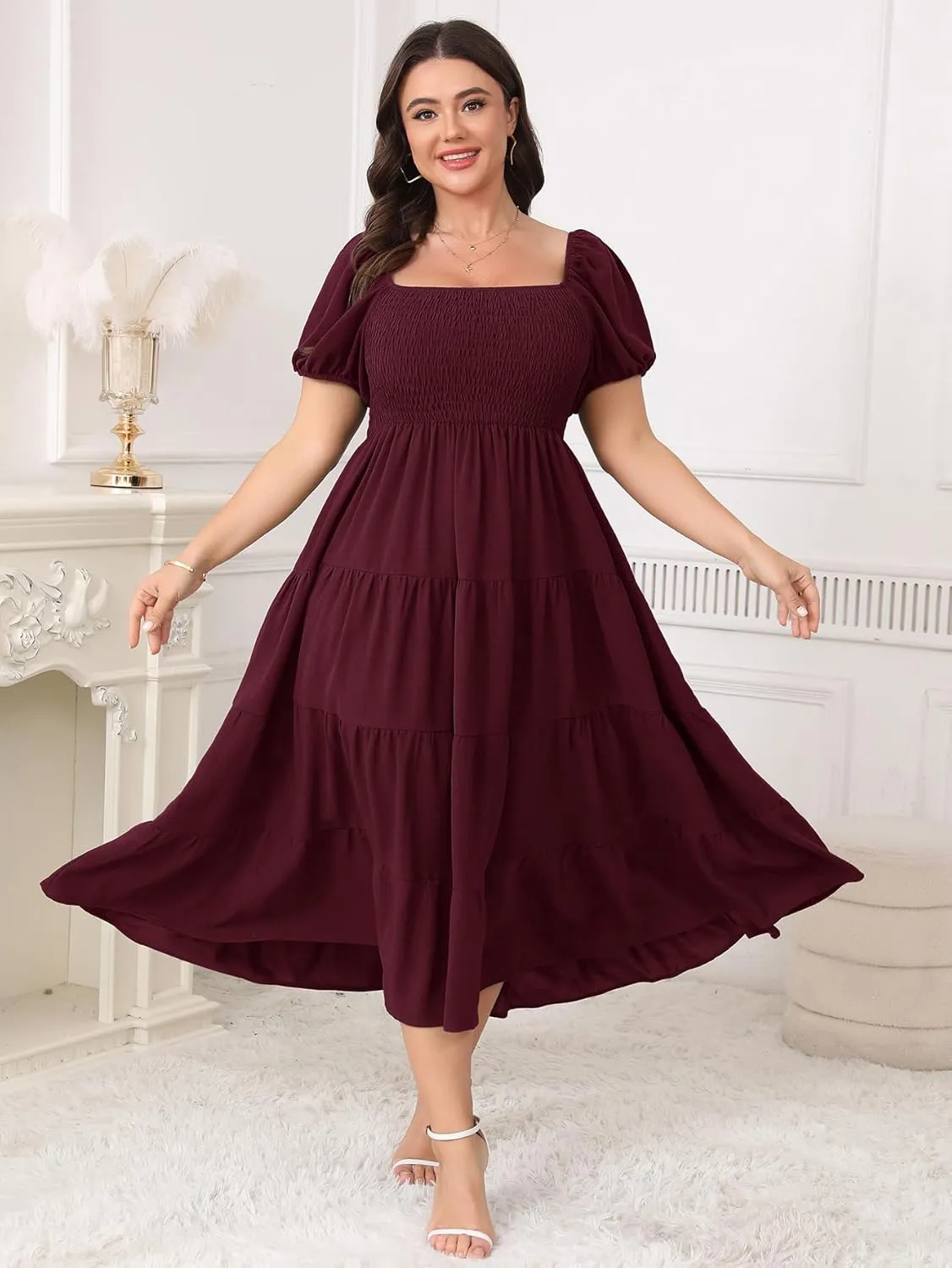 Womens Plus Size Casual Dress Short Puff Sleeve Square Neck Smocked Tiered Summer A Line Flowy Long Maxi Dresses