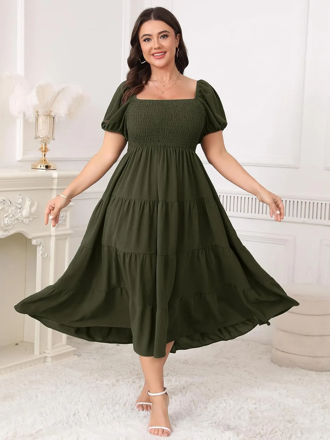 Womens Plus Size Casual Dress Short Puff Sleeve Square Neck Smocked Tiered Summer A Line Flowy Long Maxi Dresses
