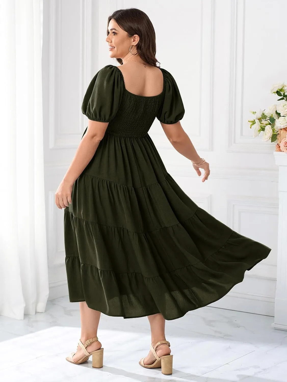 Womens Plus Size Casual Dress Short Puff Sleeve Square Neck Smocked Tiered Summer A Line Flowy Long Maxi Dresses