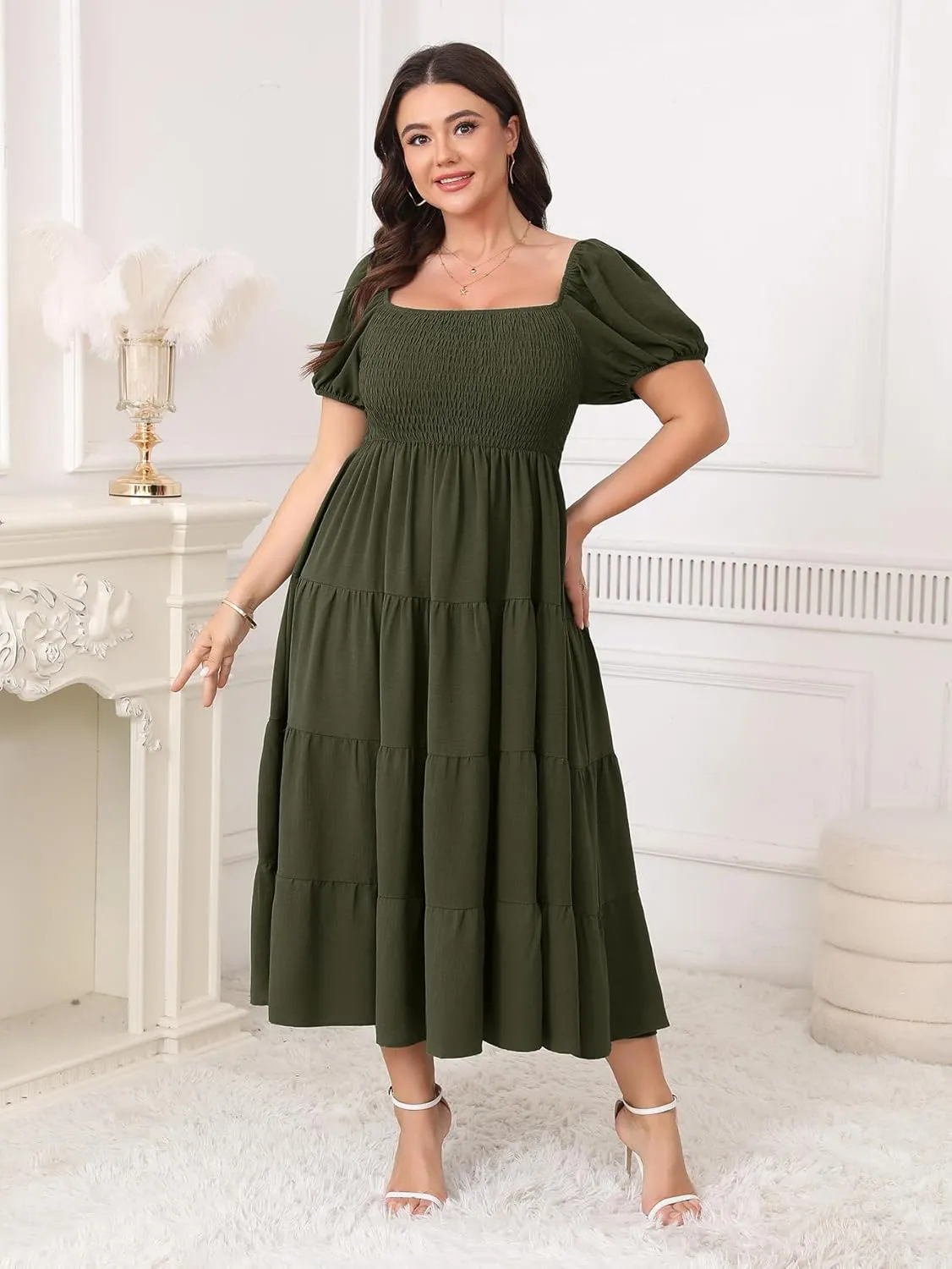 Womens Plus Size Casual Dress Short Puff Sleeve Square Neck Smocked Tiered Summer A Line Flowy Long Maxi Dresses