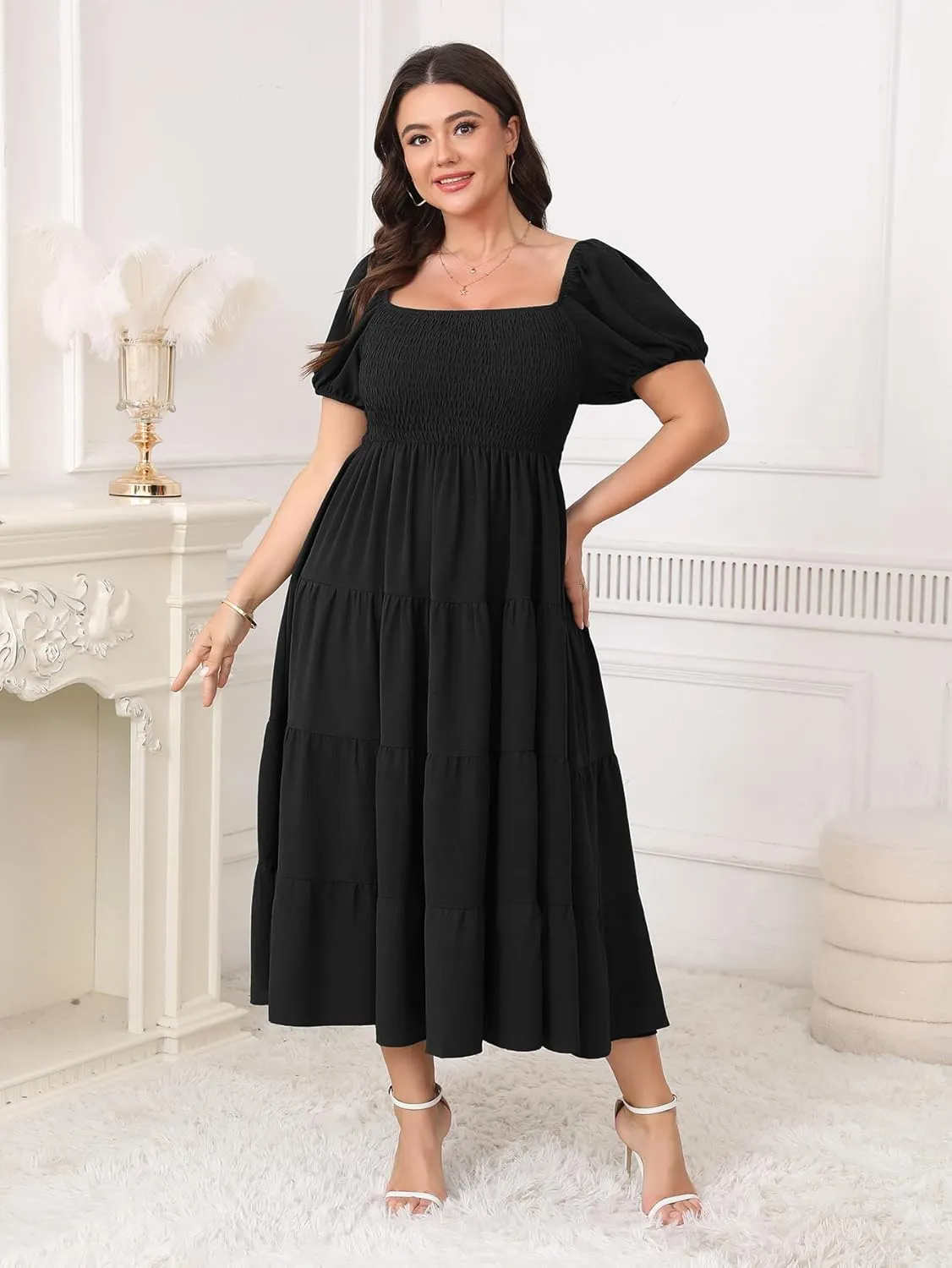 Womens Plus Size Casual Dress Short Puff Sleeve Square Neck Smocked Tiered Summer A Line Flowy Long Maxi Dresses