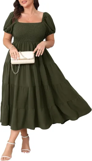 Womens Plus Size Casual Dress Short Puff Sleeve Square Neck Smocked Tiered Summer A Line Flowy Long Maxi Dresses