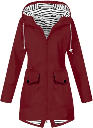 Womens Raincoat Fall Fashion Fit Waterproof Dressy Zip up Rain Jacket with Pockets Windbreaker Hooded Trench Coats