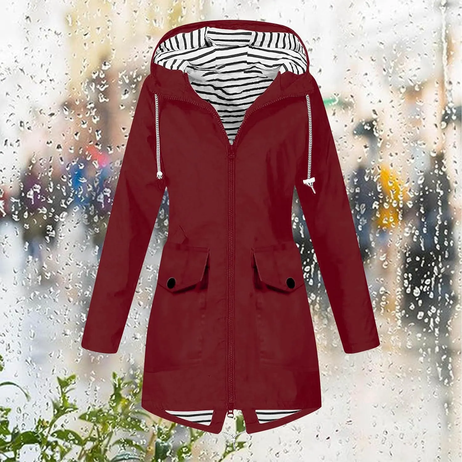 Womens Raincoat Fall Fashion Fit Waterproof Dressy Zip up Rain Jacket with Pockets Windbreaker Hooded Trench Coats