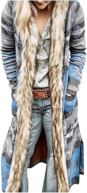 Womens Raw Hem Long Cardigans Trench Coat Oversized Boho Western Faux Fur Hoodie Overcoat Vintage Midi Length Outwear