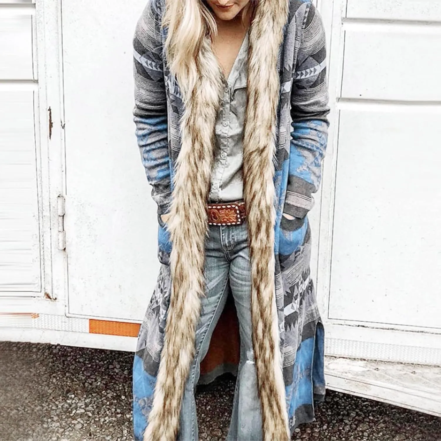 Womens Raw Hem Long Cardigans Trench Coat Oversized Boho Western Faux Fur Hoodie Overcoat Vintage Midi Length Outwear