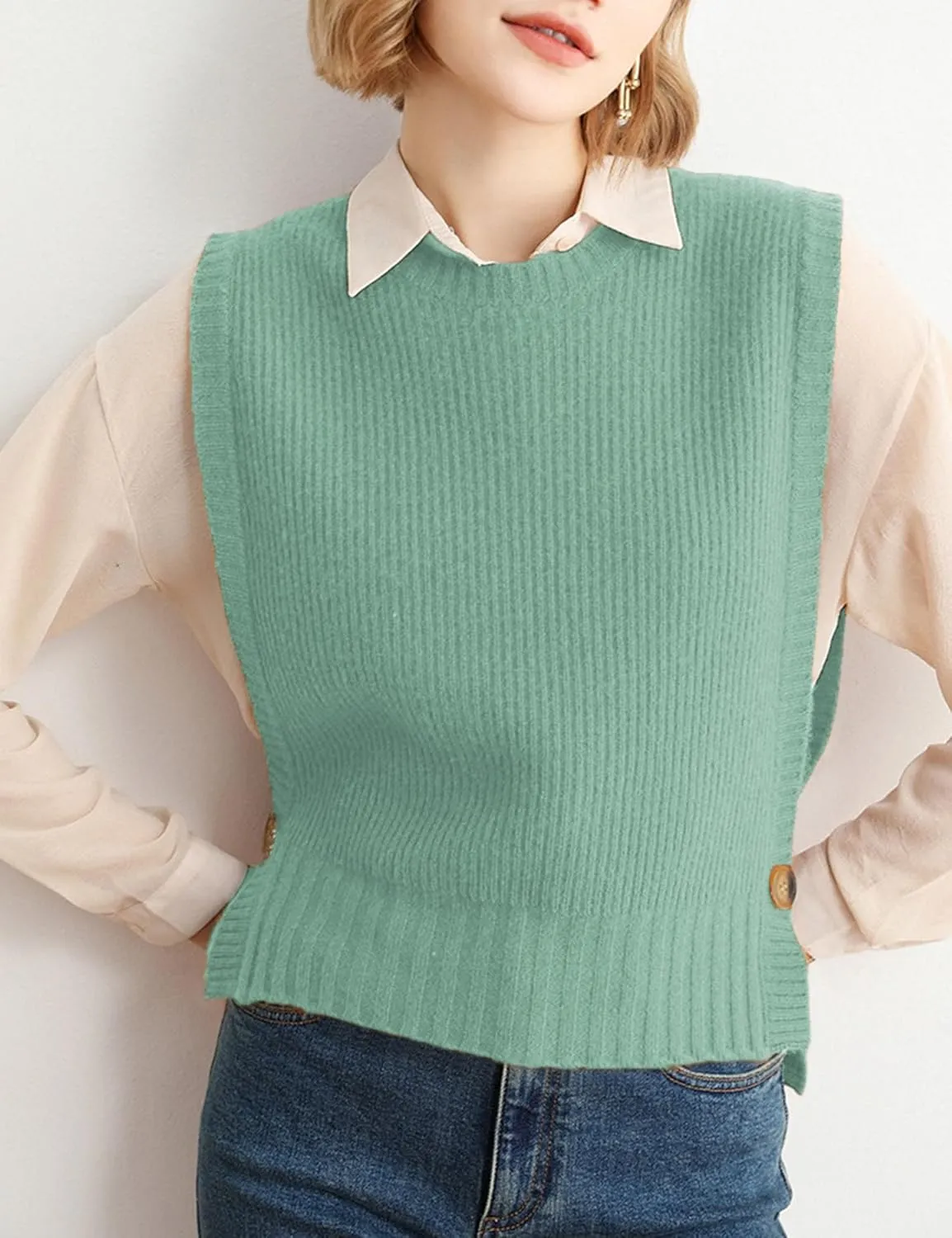 Womens Round Neck Knit Tank Vest Split Split Pullover Sleeveless Ribbed Knit Sweater Vest Tops