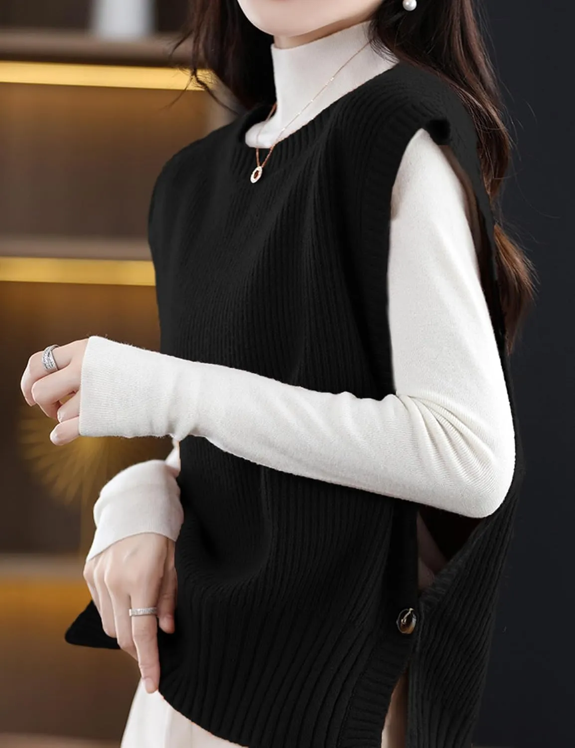 Womens Round Neck Knit Tank Vest Split Split Pullover Sleeveless Ribbed Knit Sweater Vest Tops
