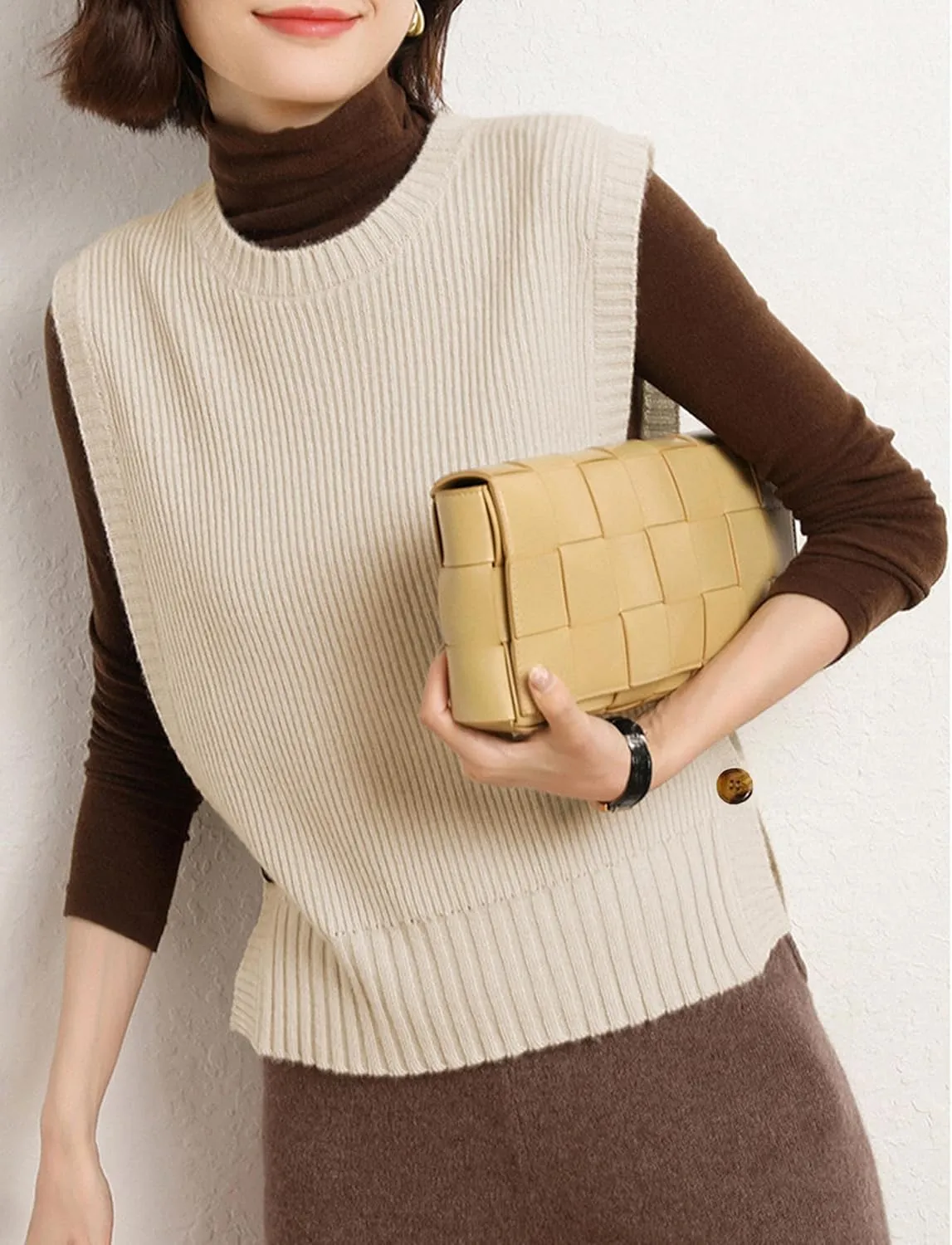 Womens Round Neck Knit Tank Vest Split Split Pullover Sleeveless Ribbed Knit Sweater Vest Tops