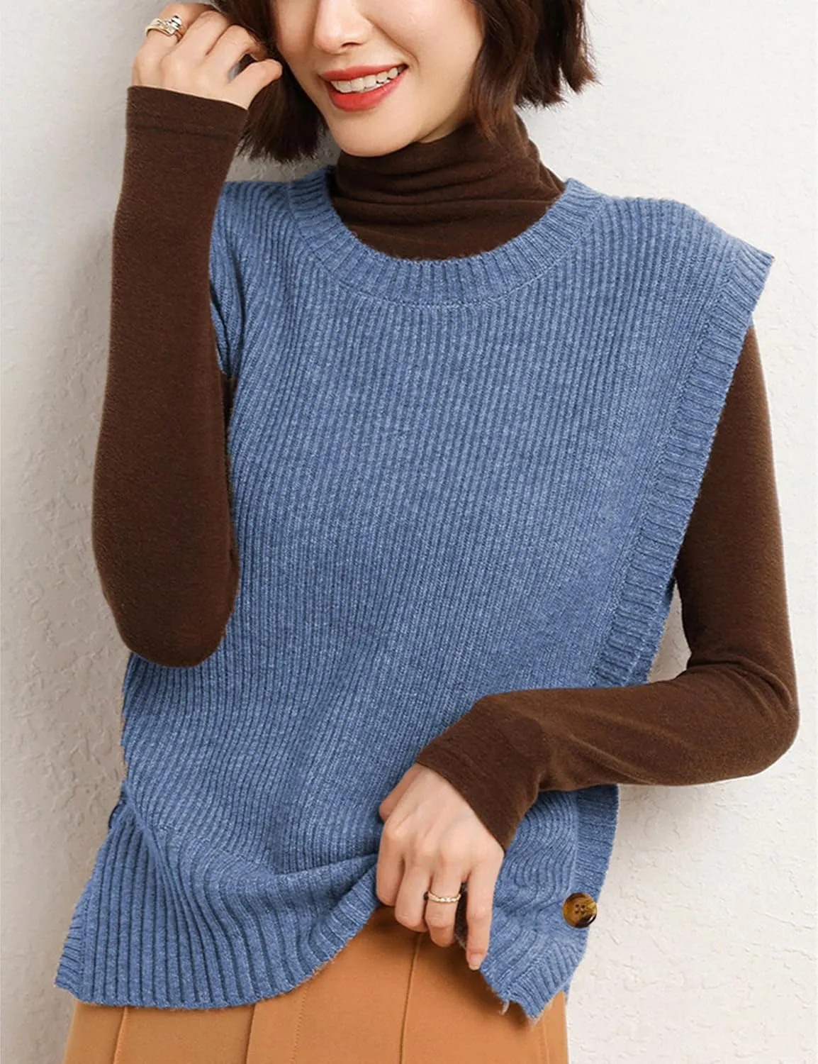 Womens Round Neck Knit Tank Vest Split Split Pullover Sleeveless Ribbed Knit Sweater Vest Tops